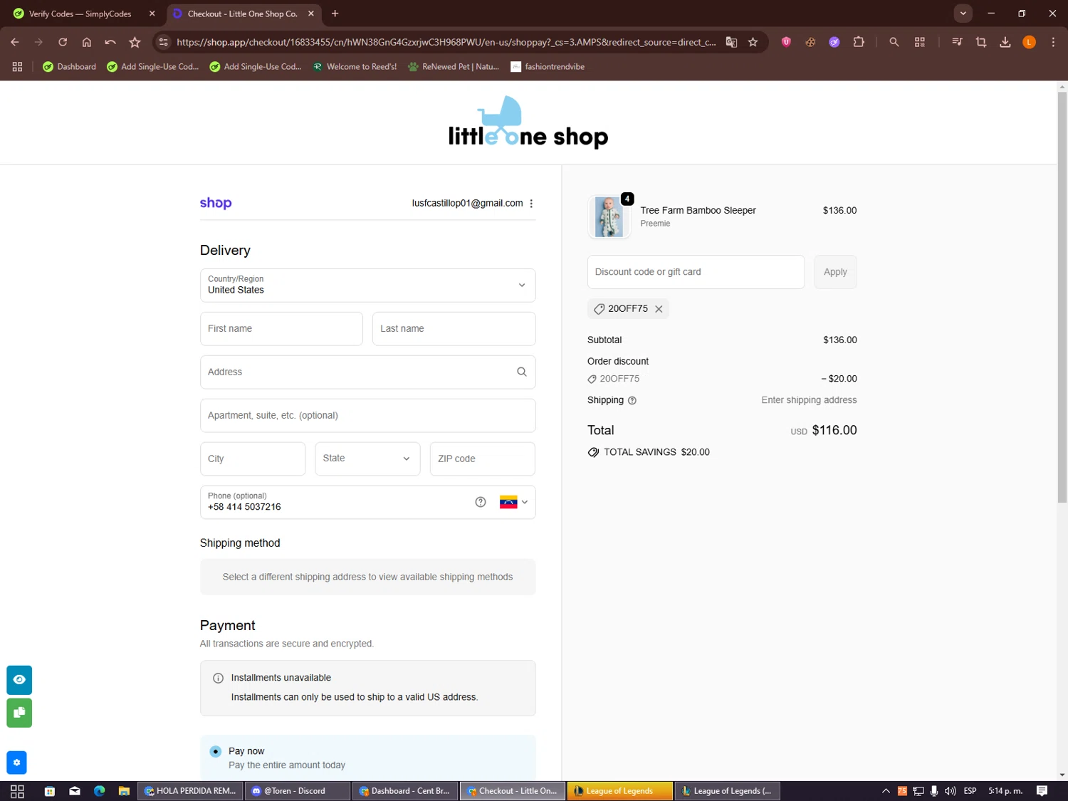 Little One Shop discount code screenshot showing code 20OFF75 applied at Little One Shop checkout page. Uploaded by SimplyCodes community member Alalee on Sep 18, 2025
