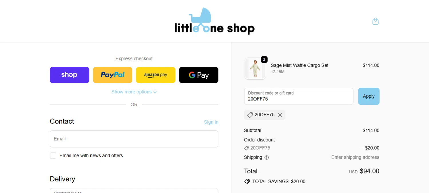 Little One Shop discount code screenshot showing code 20OFF75 applied at Little One Shop checkout page. Uploaded by SimplyCodes community member JesusCaballero on Nov 11, 2025