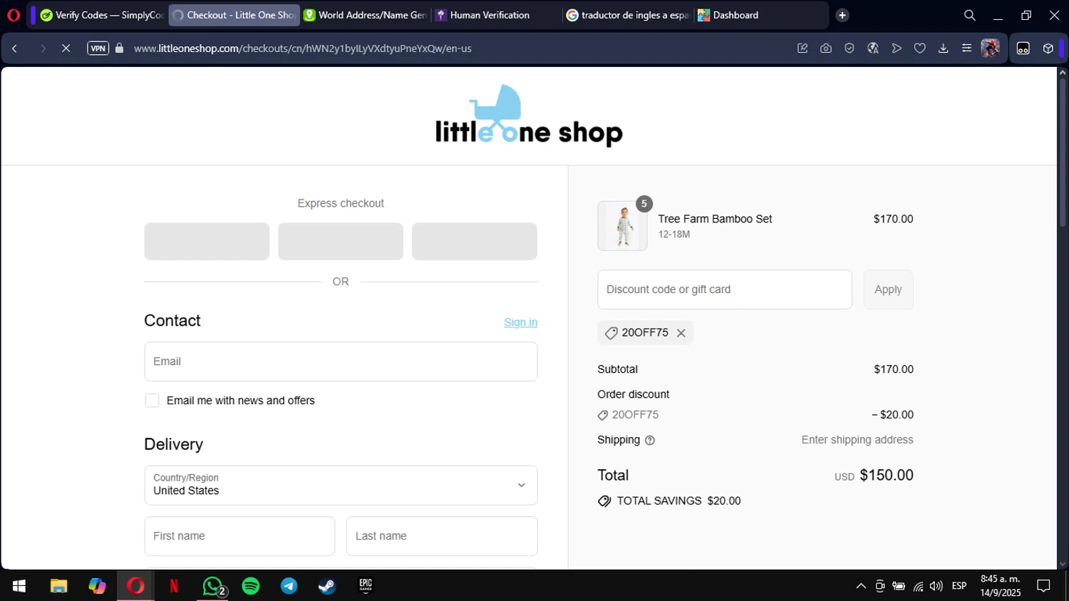 Little One Shop discount code screenshot showing code 20OFF75 applied at Little One Shop checkout page. Uploaded by SimplyCodes community member mimusuky1 on Sep 14, 2025