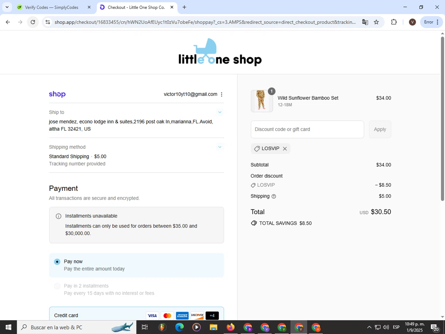 Little One Shop discount code screenshot showing code LOSVIP applied at Little One Shop checkout page. Uploaded by SimplyCodes community member CashLion3448 on Sep 2, 2025