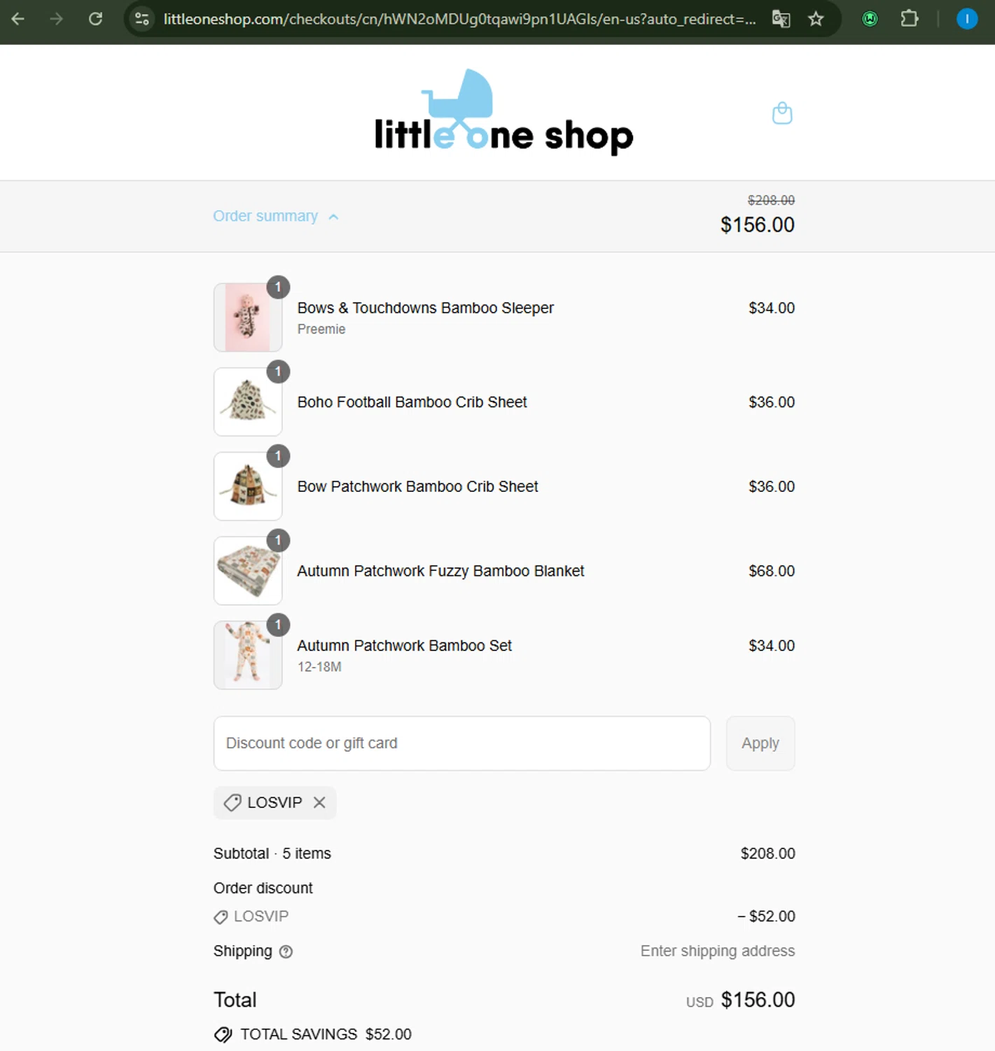 Little One Shop discount code screenshot showing code LOSVIP applied at Little One Shop checkout page. Uploaded by SimplyCodes community member Loslocosdelavela on Sep 10, 2025