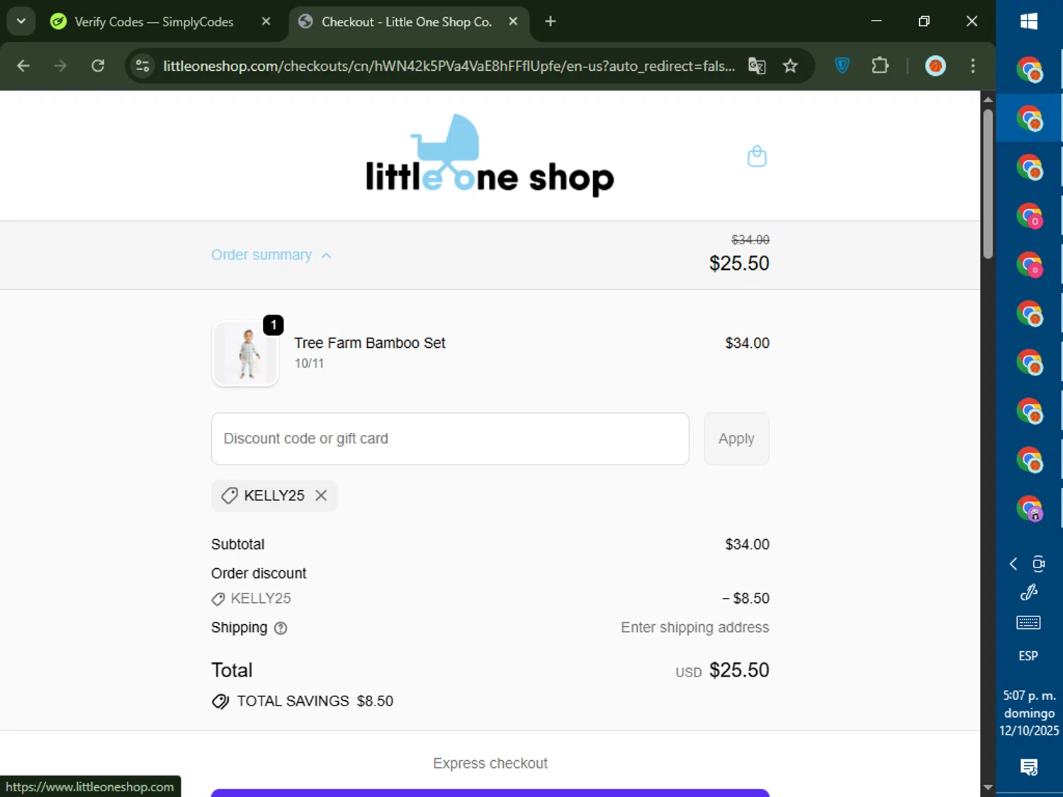 Little One Shop discount code screenshot showing code Kelly25 applied at Little One Shop checkout page. Uploaded by SimplyCodes community member DealTiger9869 on Oct 12, 2025