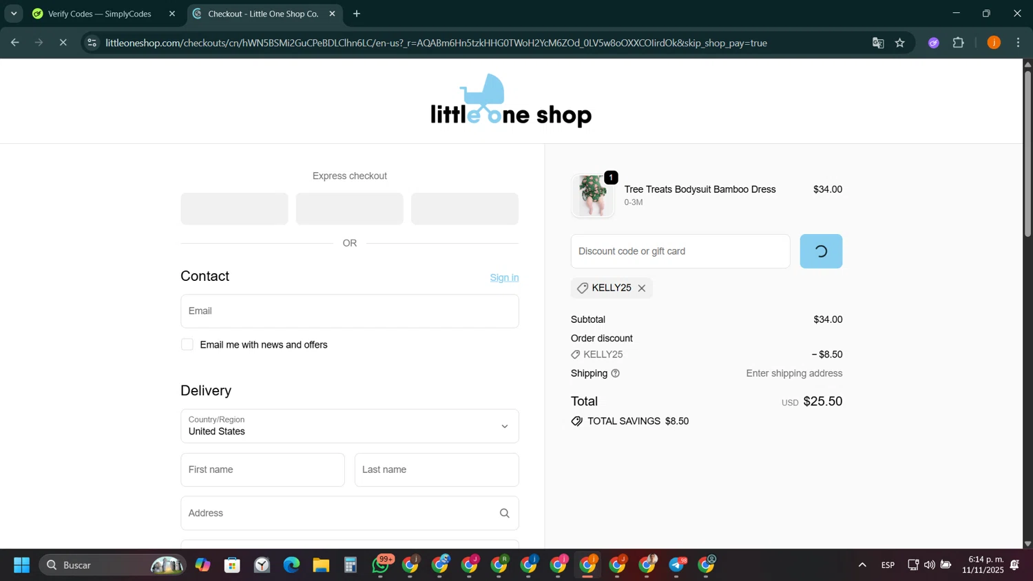 Little One Shop discount code screenshot showing code Kelly25 applied at Little One Shop checkout page. Uploaded by SimplyCodes community member SilverSentinel5952 on Nov 11, 2025
