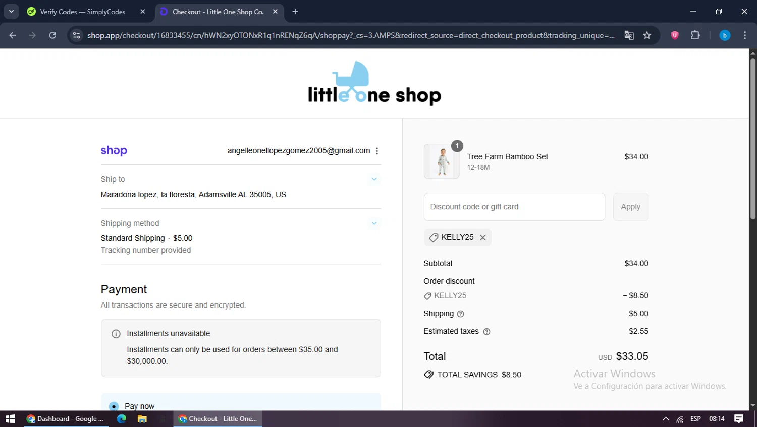 Little One Shop discount code screenshot showing code Kelly25 applied at Little One Shop checkout page. Uploaded by SimplyCodes community member bilijr on Sep 14, 2025