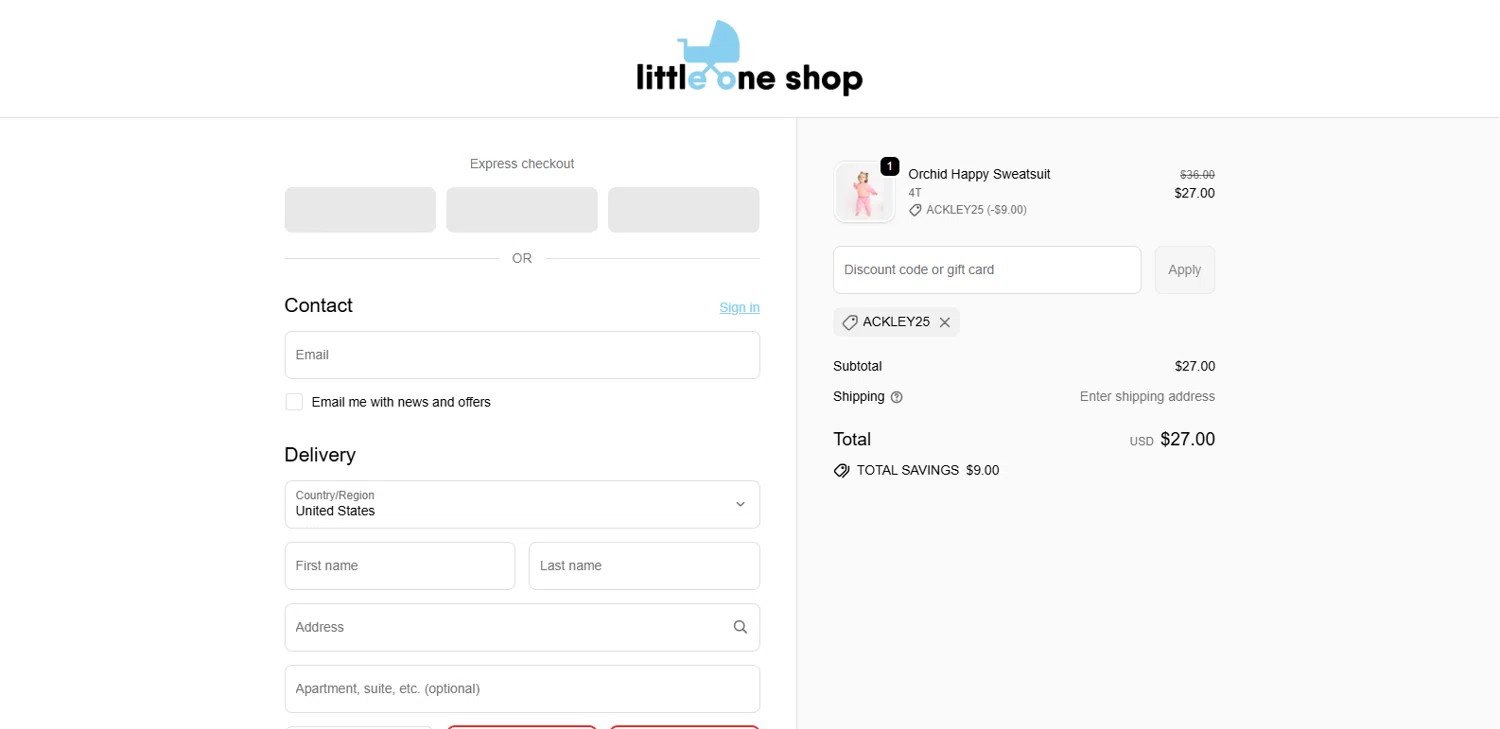Little One Shop discount code screenshot showing code Ackley25 applied at Little One Shop checkout page. Uploaded by SimplyCodes community member IronHorse on Sep 23, 2025