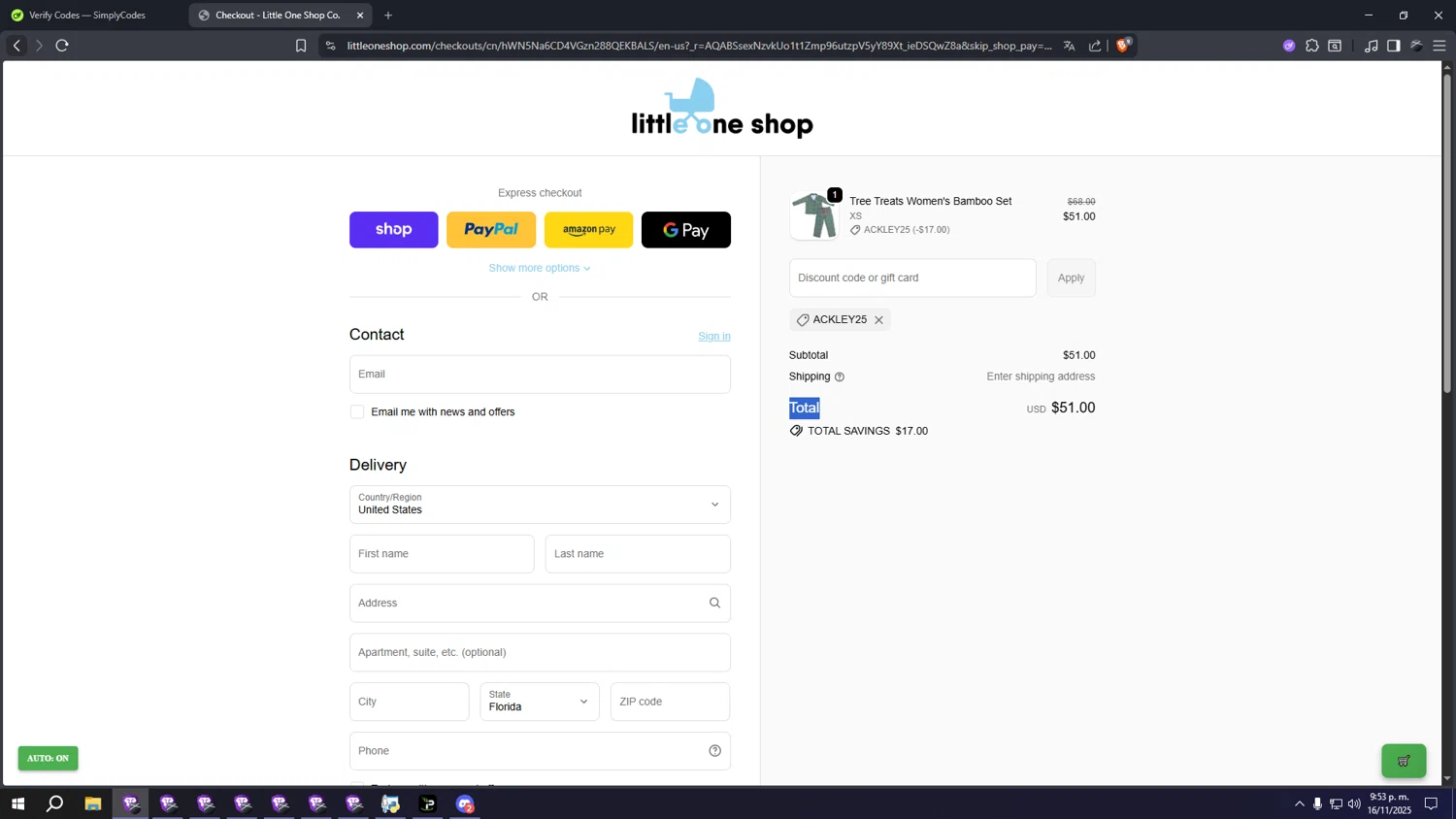 Little One Shop discount code screenshot showing code Ackley25 applied at Little One Shop checkout page. Uploaded by SimplyCodes community member kkkkkkkkkkkkkkkkkkkk on Nov 17, 2025