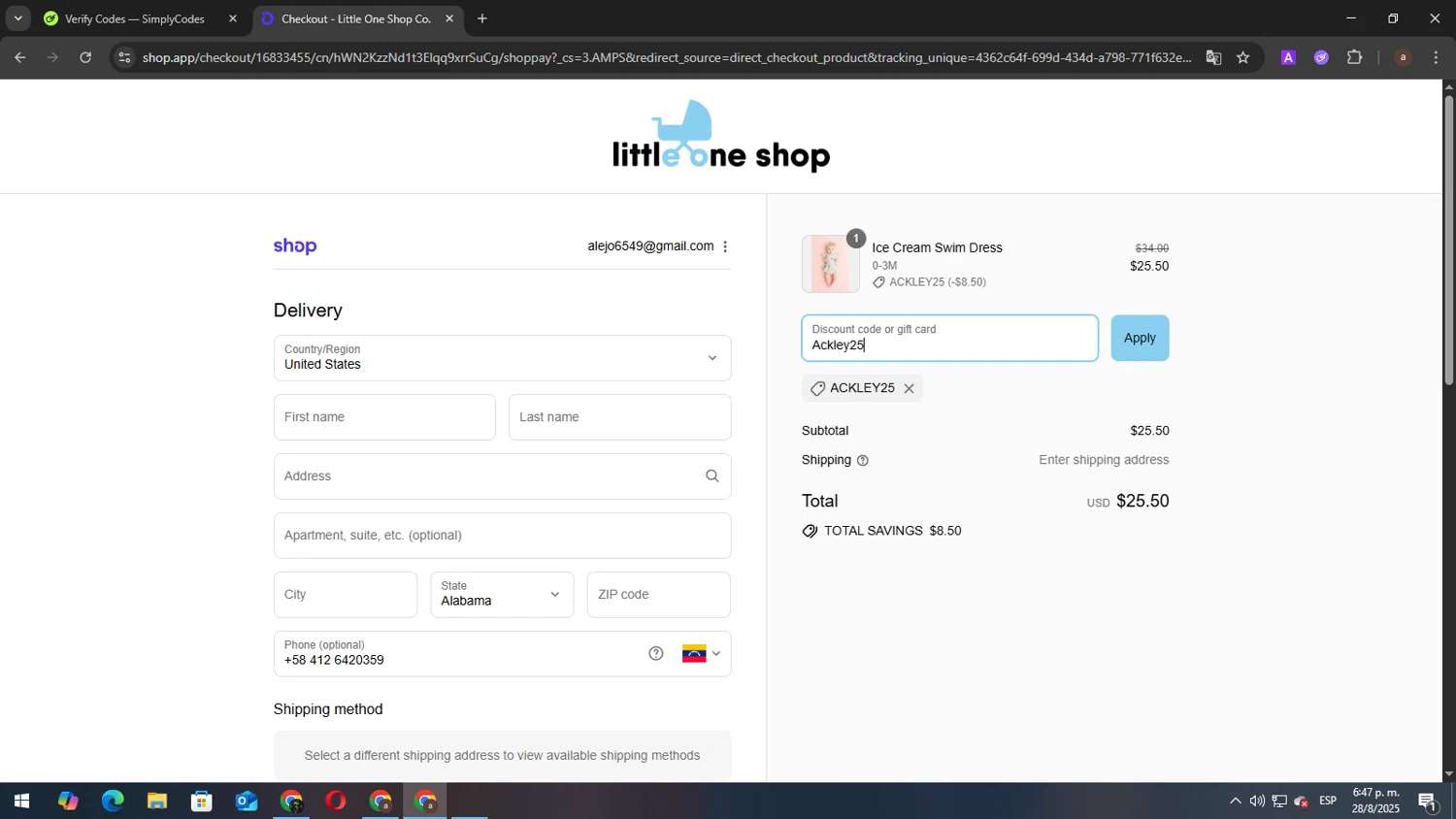 Little One Shop discount code screenshot showing code Ackley25 applied at Little One Shop checkout page. Uploaded by SimplyCodes community member elbicho22 on Aug 28, 2025