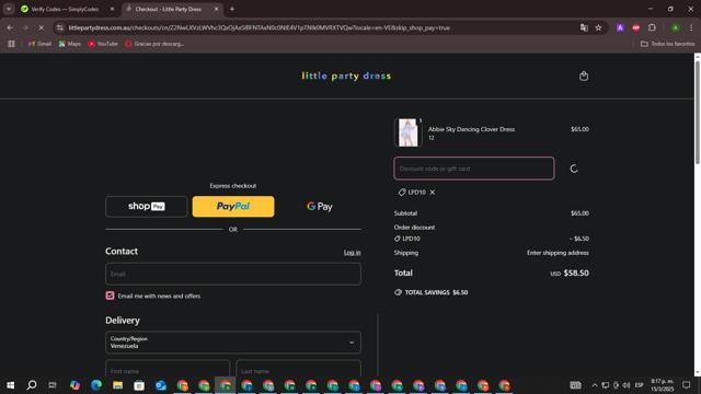 Little Party Dress checkout page showing Little Party Dress promo code box | Screenshot taken by SimplyCodes community member on Mar 16, 2025