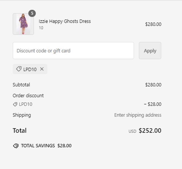 Little Party Dress checkout page showing Little Party Dress promo code box | Screenshot taken by SimplyCodes community member on Oct 2, 2024