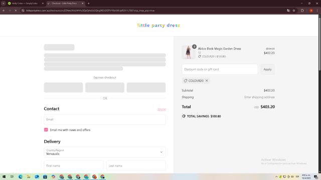 Little Party Dress checkout page showing Little Party Dress promo code box | Screenshot taken by SimplyCodes community member on Apr 10, 2025