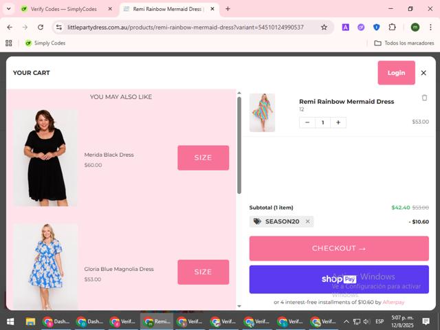 Little Party Dress checkout page showing Little Party Dress promo code box | Screenshot taken by SimplyCodes community member on Aug 12, 2025