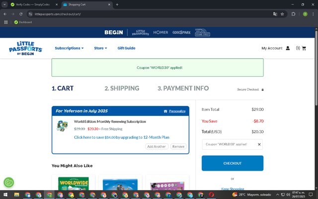 Little Passports checkout page showing Little Passports coupon code box | Screenshot taken by SimplyCodes community member on Jul 26, 2025