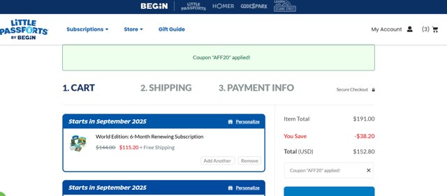 Little Passports checkout page showing Little Passports coupon code box | Screenshot taken by SimplyCodes community member on Sep 7, 2025