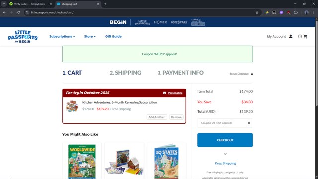 Little Passports checkout page showing Little Passports coupon code box | Screenshot taken by SimplyCodes community member on Aug 9, 2025