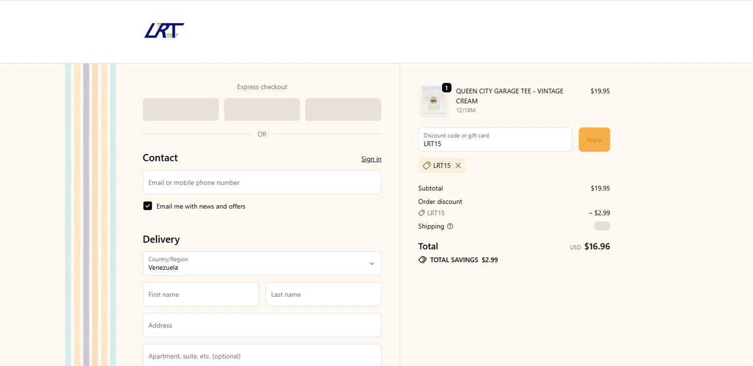 Little Rad Things discount code screenshot showing code LRT15 applied at Little Rad Things checkout page. Uploaded by SimplyCodes community member Alydrop on Dec 10, 2025