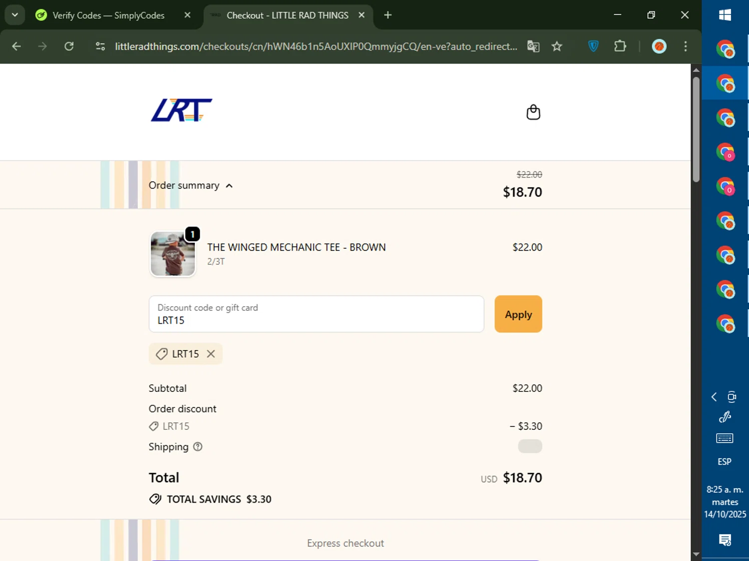 Little Rad Things discount code screenshot showing code LRT15 applied at Little Rad Things checkout page. Uploaded by SimplyCodes community member DealTiger9869 on Oct 14, 2025