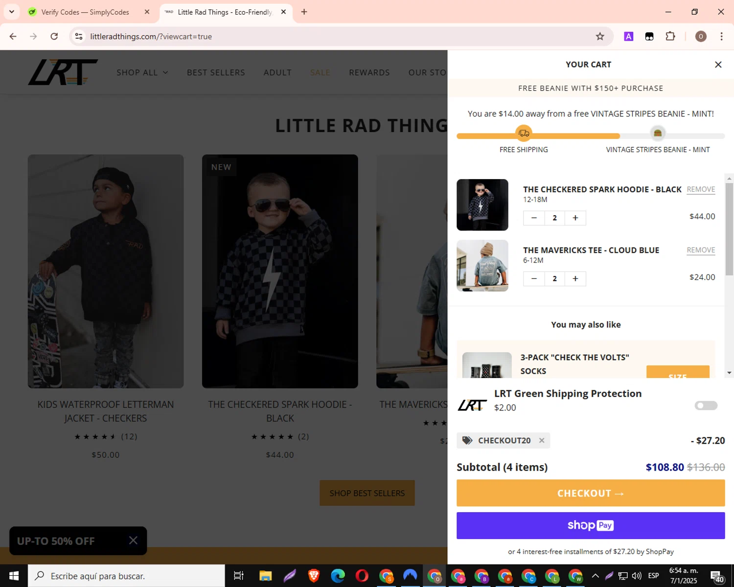 Little Rad Things discount code screenshot showing code CHECKOUT20 applied at Little Rad Things checkout page. Uploaded by SimplyCodes community member PromoHero8877 on Jan 7, 2025