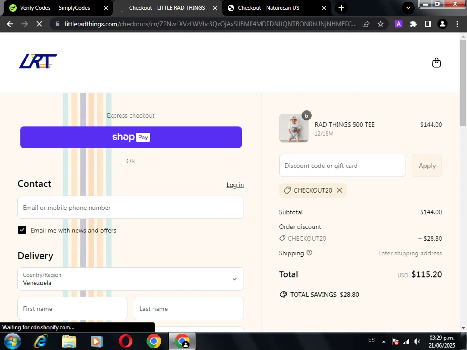 Little Rad Things discount code screenshot showing code CHECKOUT20 applied at Little Rad Things checkout page. Uploaded by SimplyCodes community member miguel02 on Jun 21, 2025