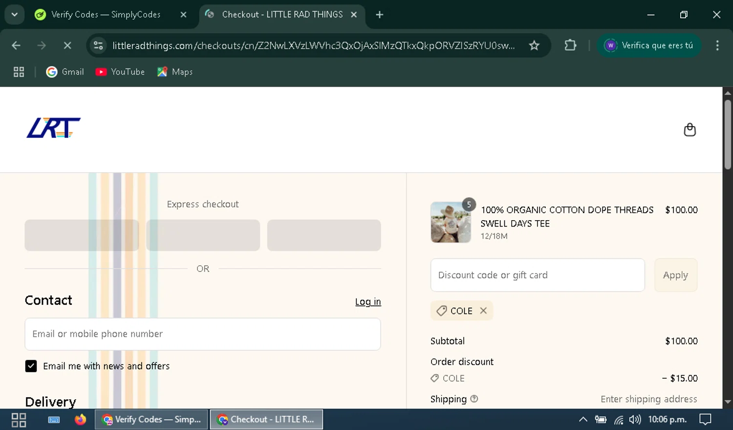 Little Rad Things discount code screenshot showing code COLE applied at Little Rad Things checkout page. Uploaded by SimplyCodes community member wuilmasoncoronado on Apr 18, 2025