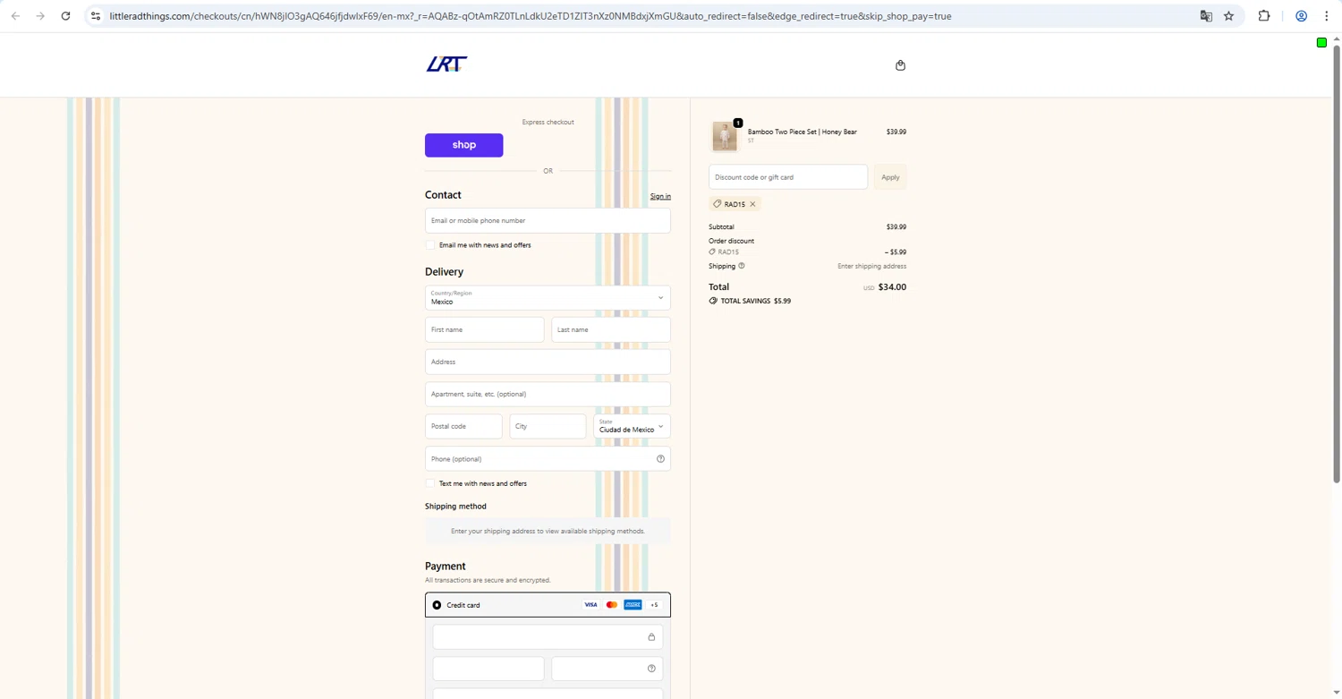Little Rad Things checkout page showing Little Rad Things discount code box | Screenshot taken by SimplyCodes community member on Feb 13, 2026