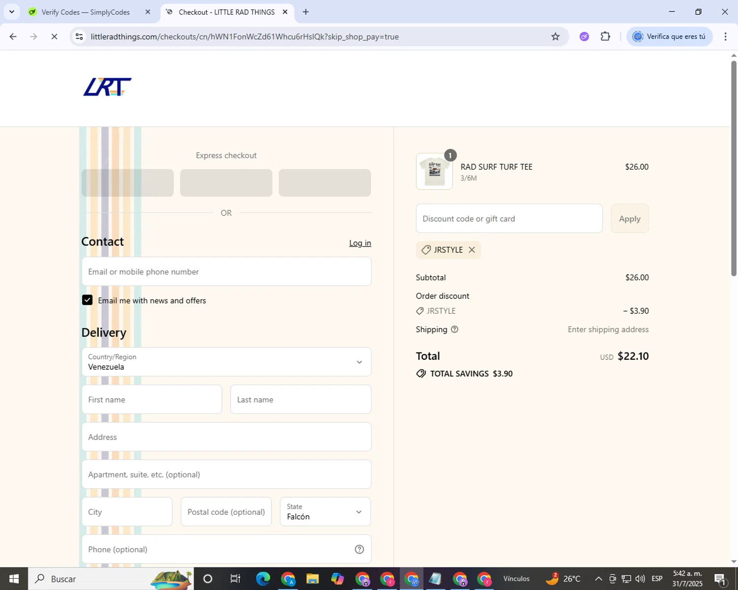 Little Rad Things discount code screenshot showing code JRSTYLE applied at Little Rad Things checkout page. Uploaded by SimplyCodes community member BrilliantScholar5403 on Jul 31, 2025