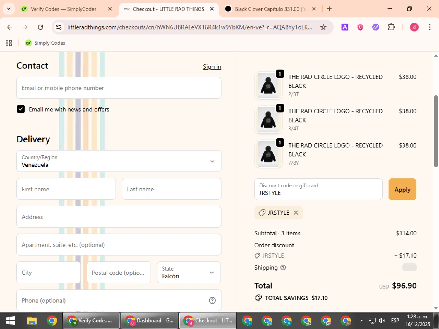Little Rad Things discount code screenshot showing code JRSTYLE applied at Little Rad Things checkout page. Uploaded by SimplyCodes community member BudgetVoyager5452 on Dec 16, 2025