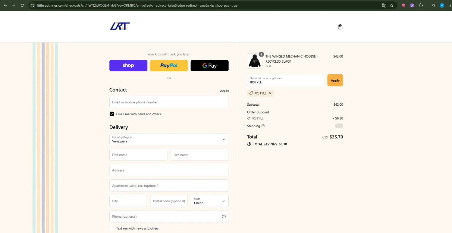 Little Rad Things discount code screenshot showing code JRSTYLE applied at Little Rad Things checkout page. Uploaded by SimplyCodes community member GloriousLion3901 on Sep 8, 2025