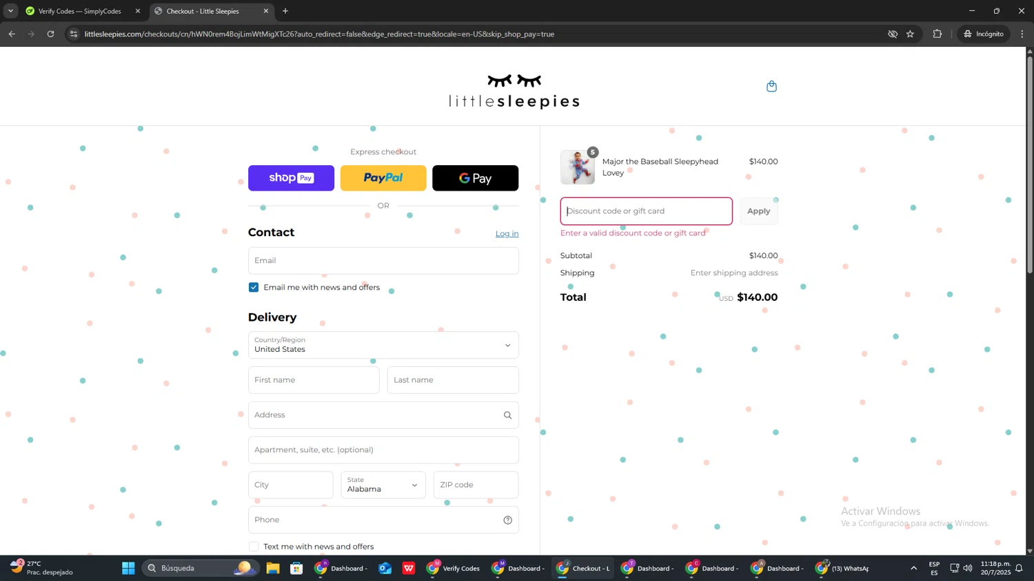 Little Sleepies coupon code screenshot showing code Stackhouse applied at Little Sleepies checkout page. Uploaded by SimplyCodes community member AVATIGRITO on Jul 21, 2025