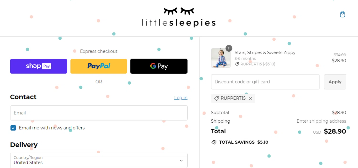 where to use Little Sleepies promo code box