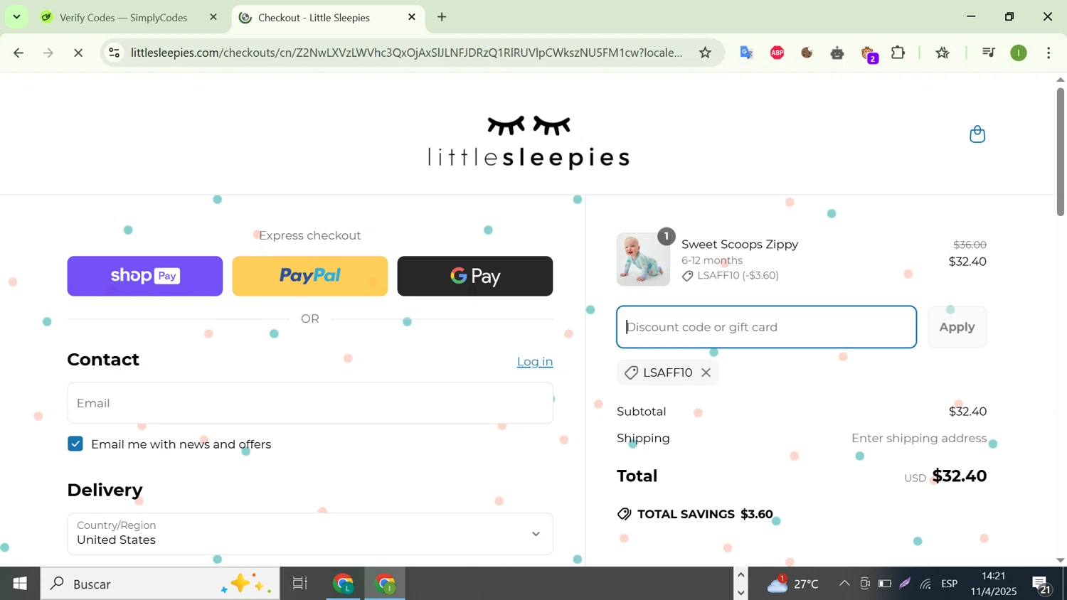 Little Sleepies coupon code screenshot showing code LSAFF10 applied at Little Sleepies checkout page. Uploaded by SimplyCodes community member WonderHunter255 on Apr 11, 2025