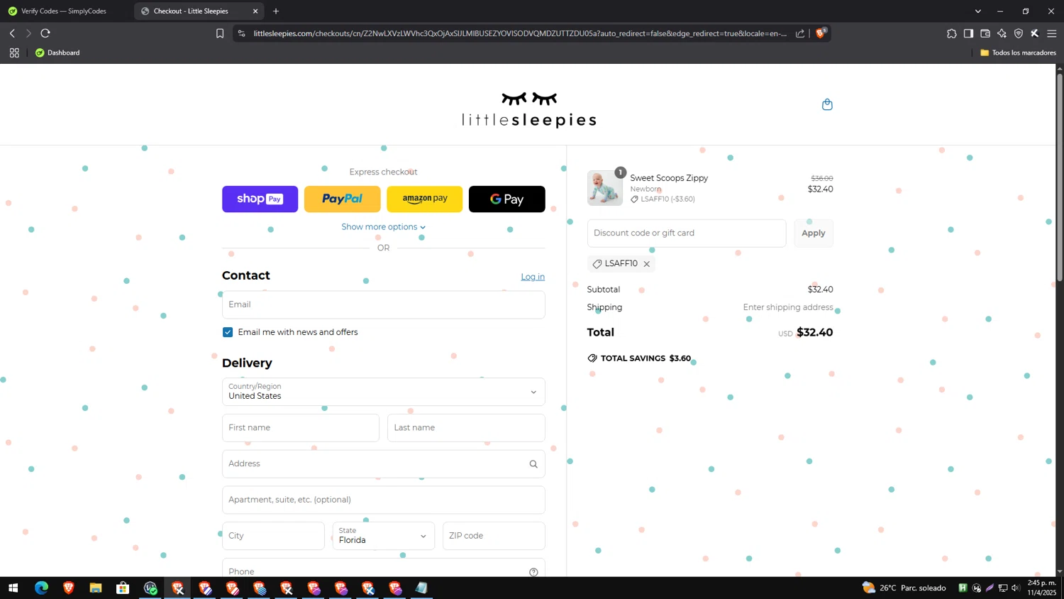 Little Sleepies coupon code screenshot showing code LSAFF10 applied at Little Sleepies checkout page. Uploaded by SimplyCodes community member genesisgafaro on Apr 11, 2025