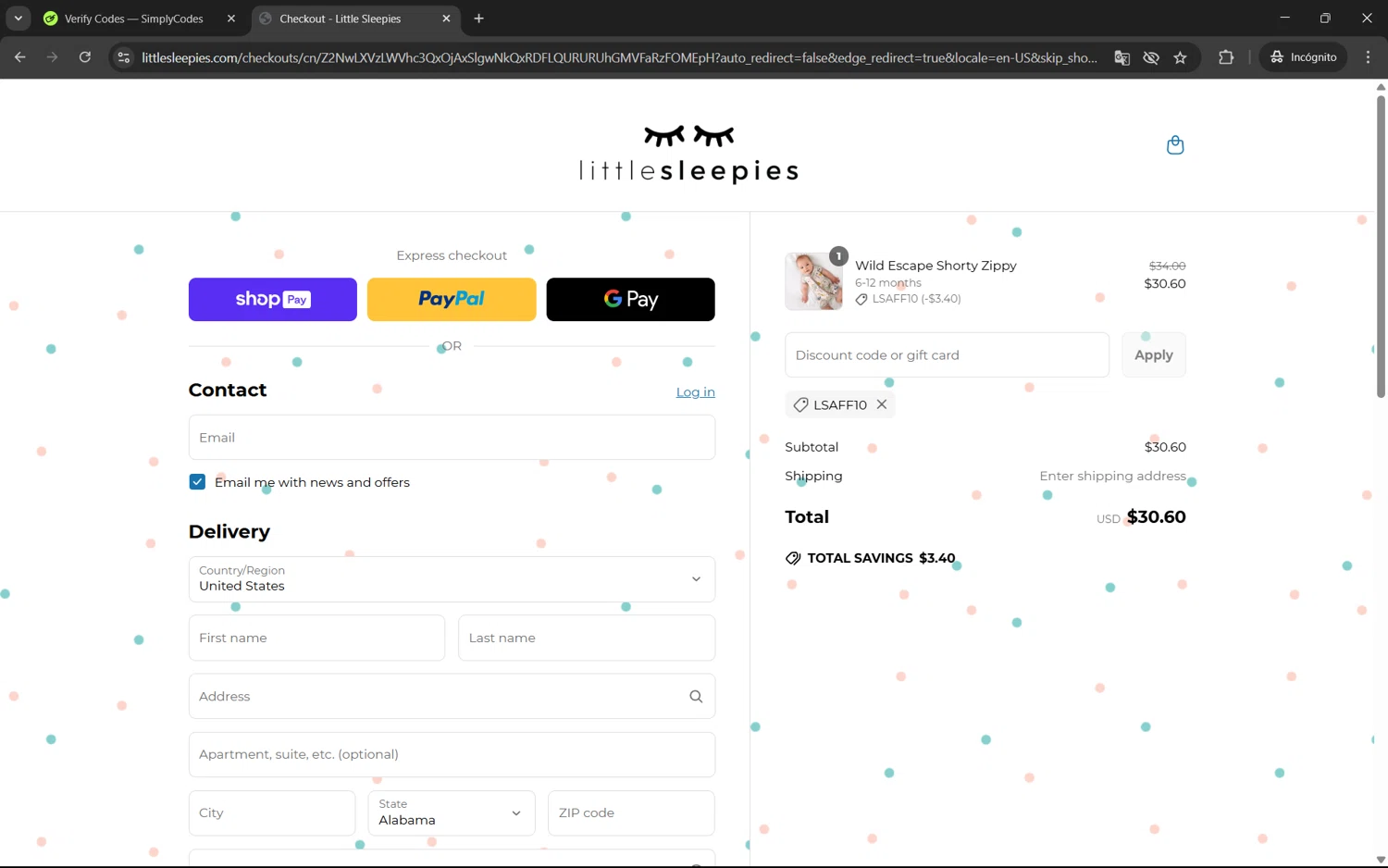 Little Sleepies coupon code screenshot showing code LSAFF10 applied at Little Sleepies checkout page. Uploaded by SimplyCodes community member juan1702 on Jun 5, 2025