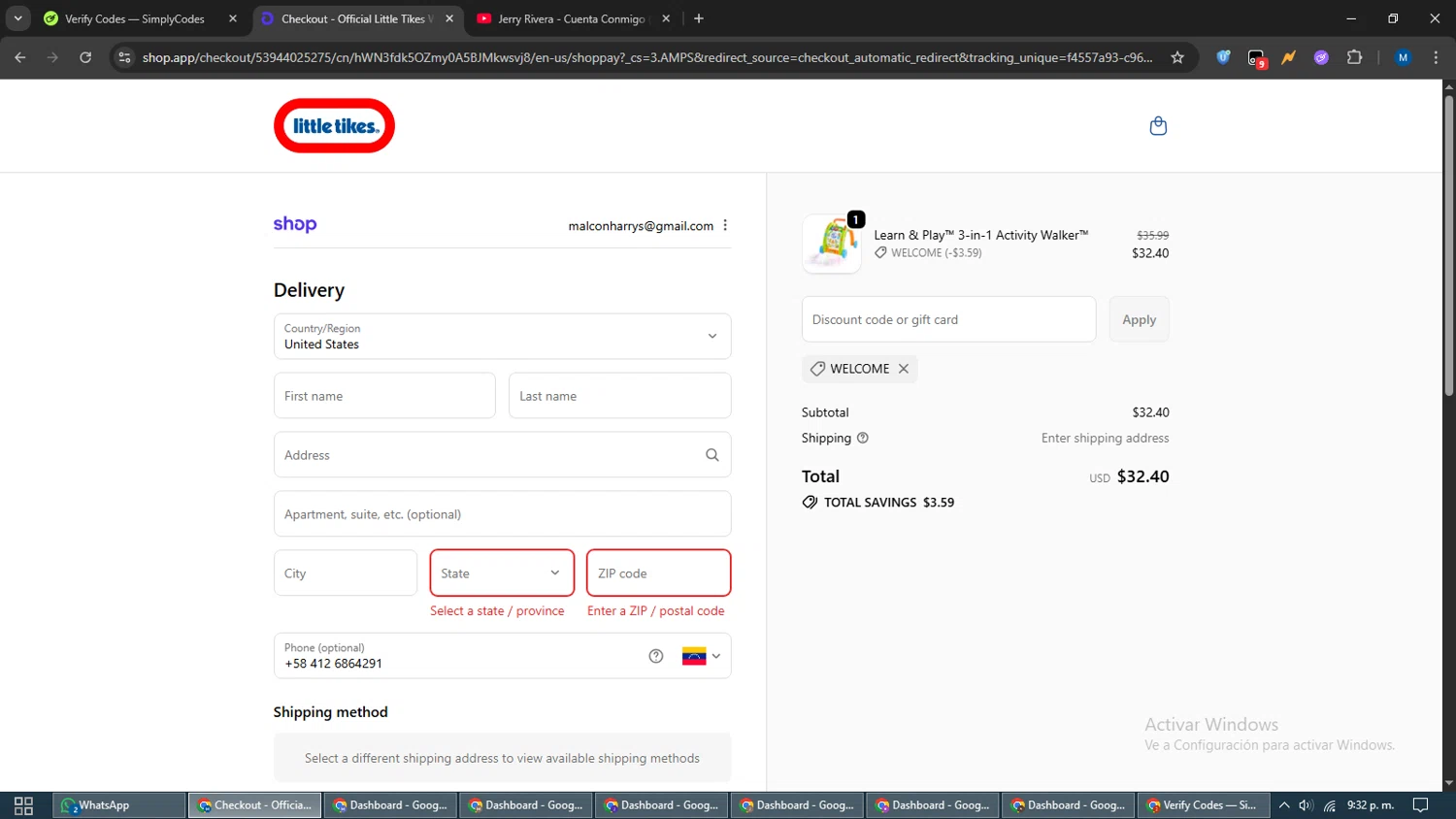 Little Tikes discount code screenshot showing code WELCOME applied at Little Tikes checkout page. Uploaded by SimplyCodes community member EpicVoyager2820 on Oct 3, 2025