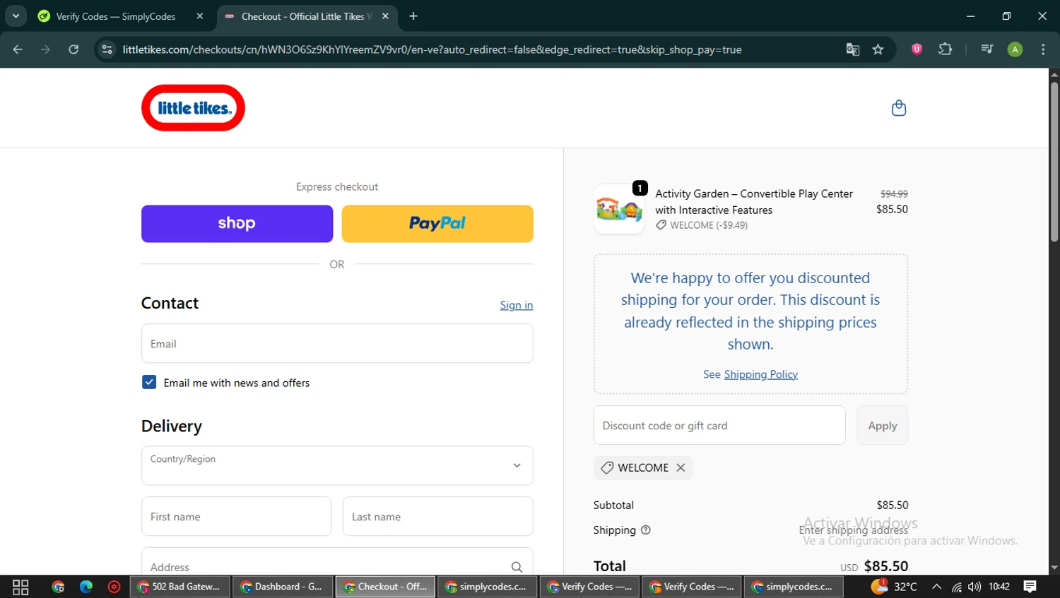 Little Tikes discount code screenshot showing code WELCOME applied at Little Tikes checkout page. Uploaded by SimplyCodes community member SwiftFox3743 on Sep 25, 2025