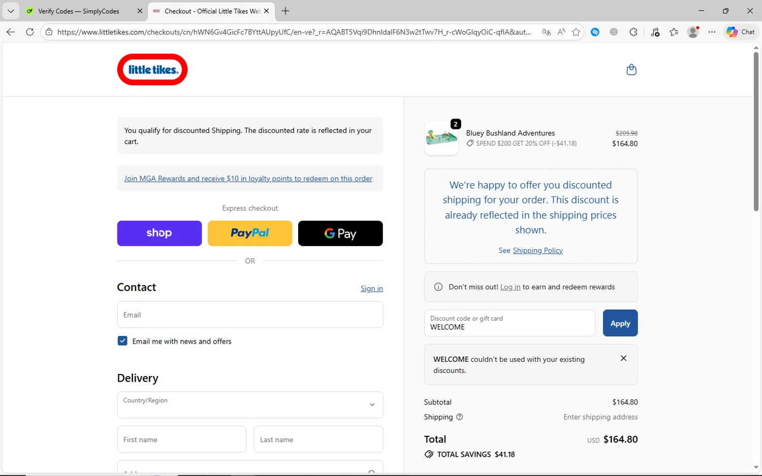 Little Tikes discount code screenshot showing code WELCOME applied at Little Tikes checkout page. Uploaded by SimplyCodes community member jechtff10 on Dec 10, 2025