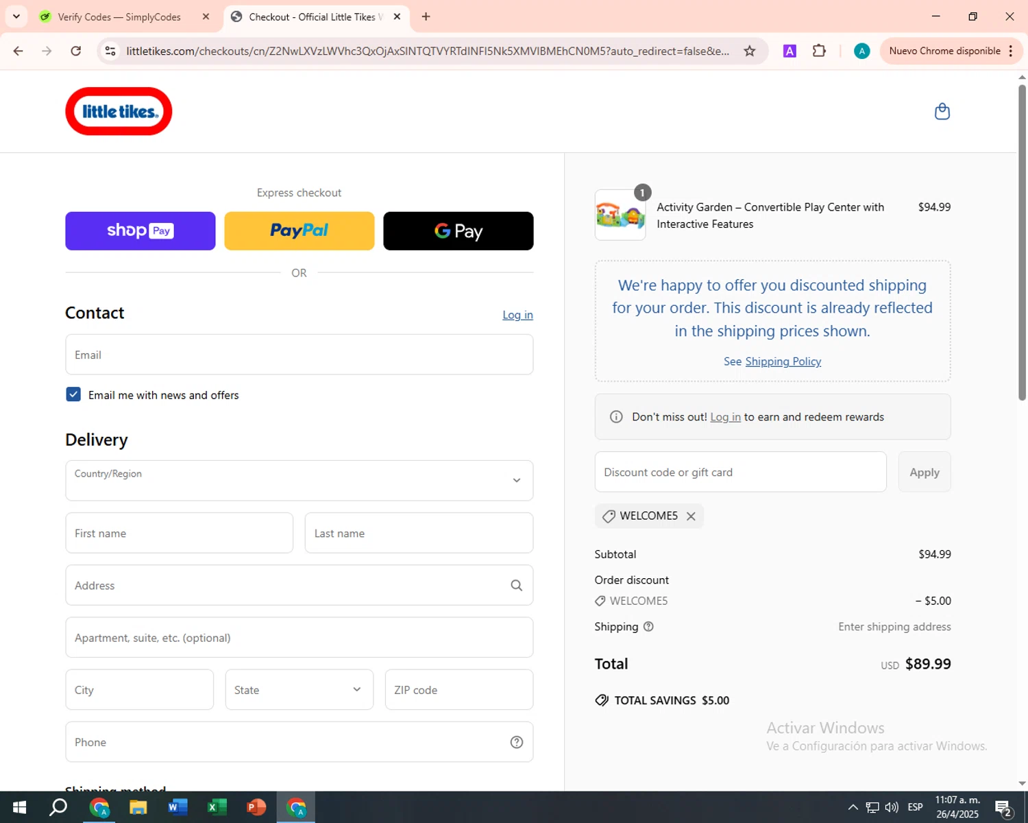 Little Tikes discount code screenshot showing code welcome5 applied at Little Tikes checkout page. Uploaded by SimplyCodes community member FortunateSentinel9389 on Apr 26, 2025