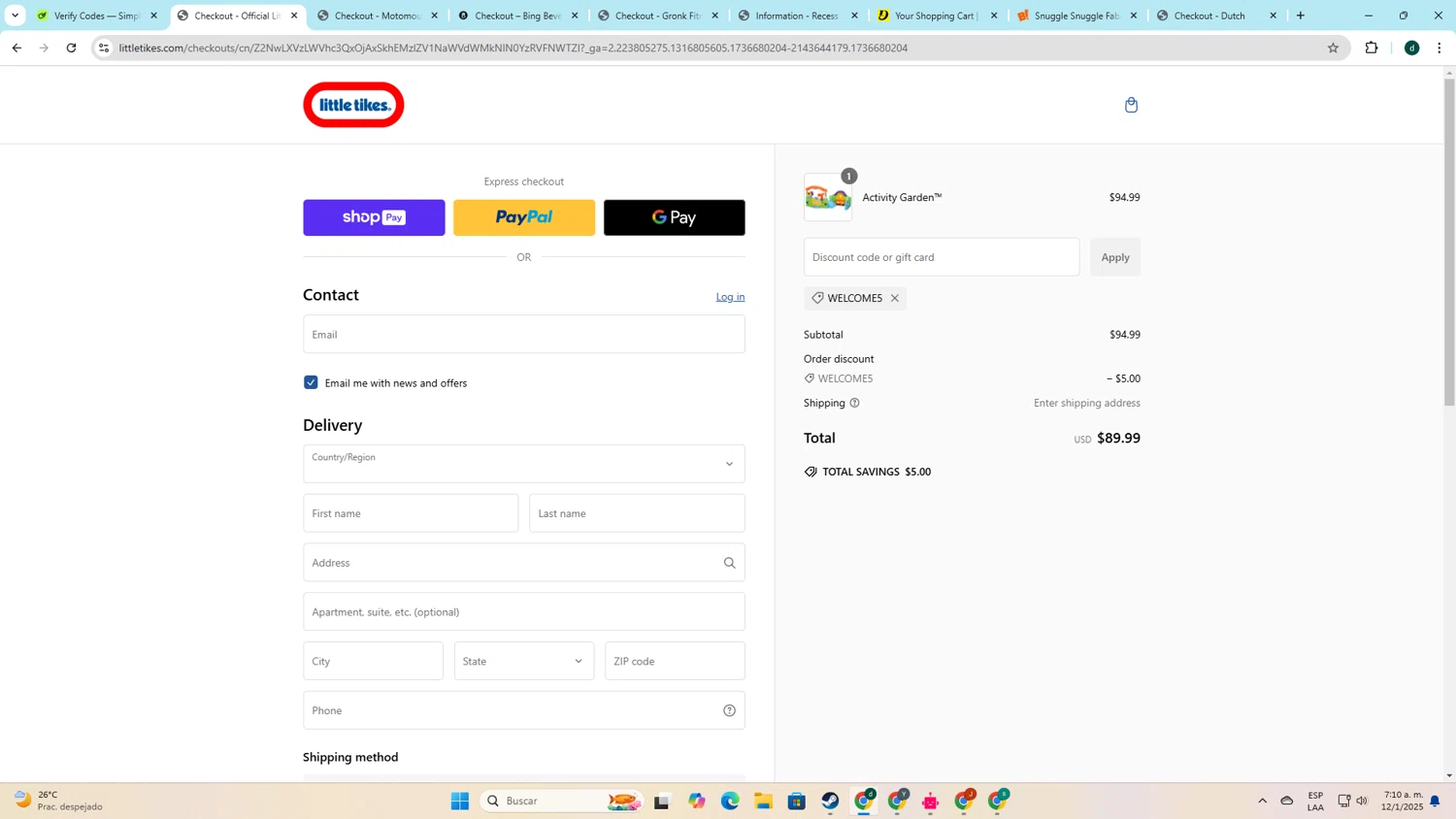 Little Tikes discount code screenshot showing code welcome5 applied at Little Tikes checkout page. Uploaded by SimplyCodes community member darlisiglesias on Jan 12, 2025