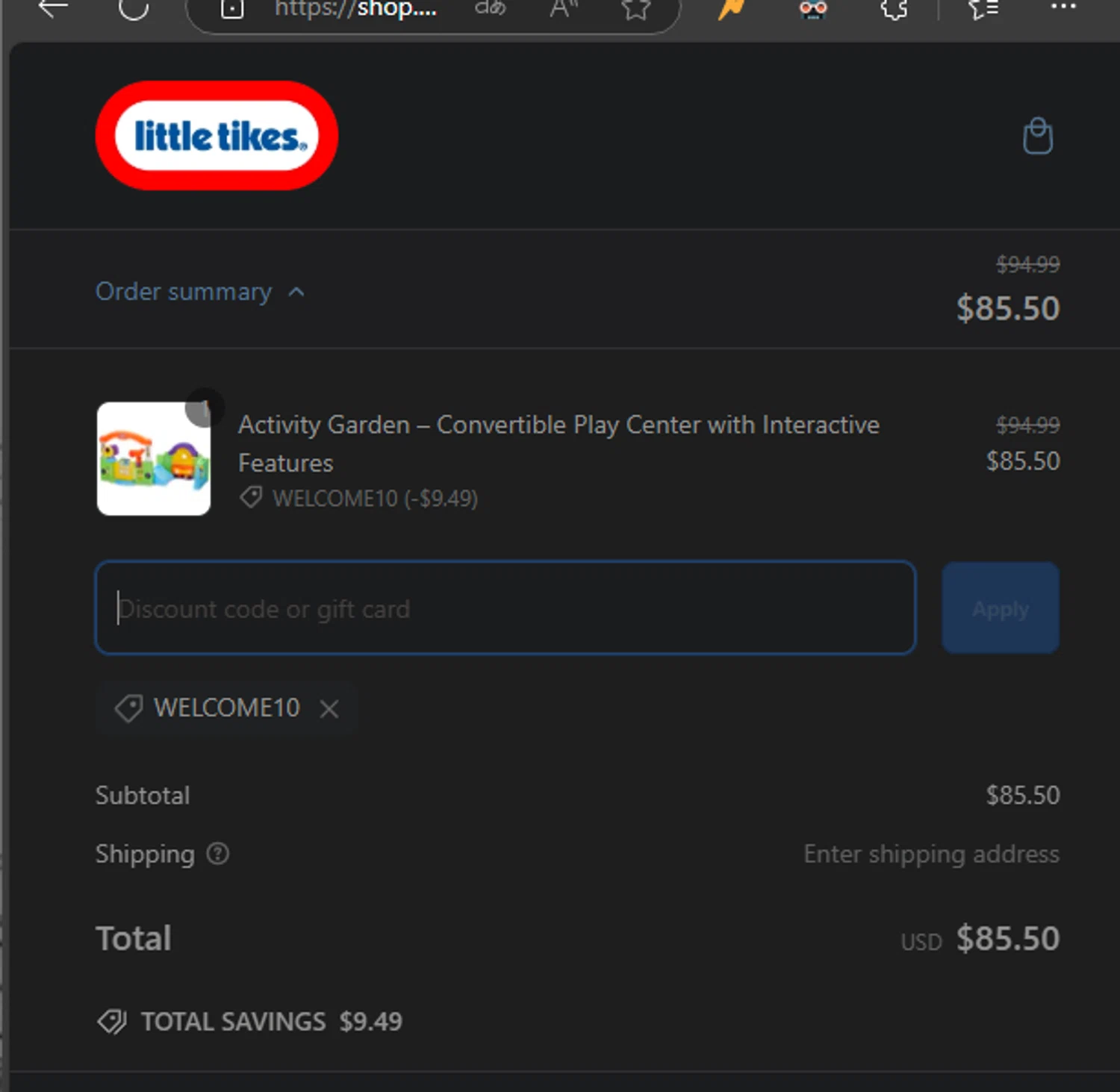 Little Tikes discount code screenshot showing code WELCOME10 applied at Little Tikes checkout page. Uploaded by SimplyCodes community member FIREINTHEHOLE on Mar 6, 2025