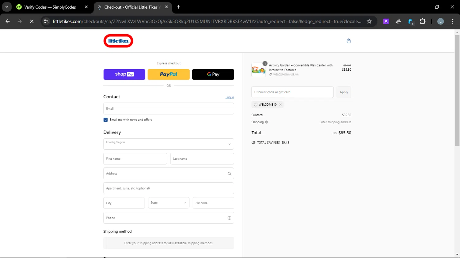 Little Tikes discount code screenshot showing code WELCOME10 applied at Little Tikes checkout page. Uploaded by SimplyCodes community member JuanChi on Mar 6, 2025