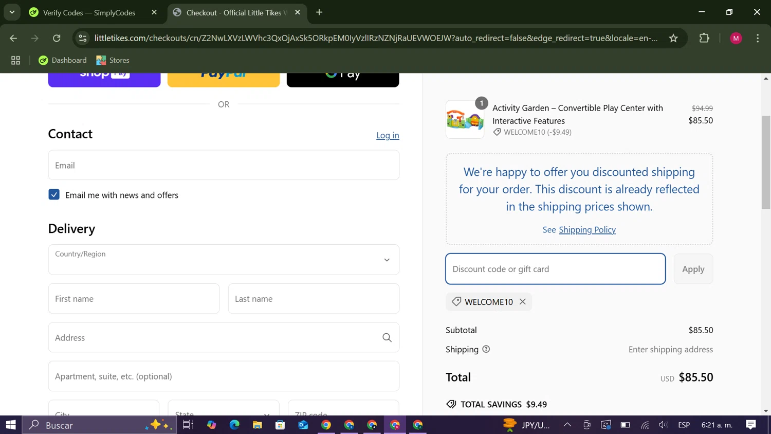 Little Tikes discount code screenshot showing code WELCOME10 applied at Little Tikes checkout page. Uploaded by SimplyCodes community member CouponAce9216 on Mar 6, 2025