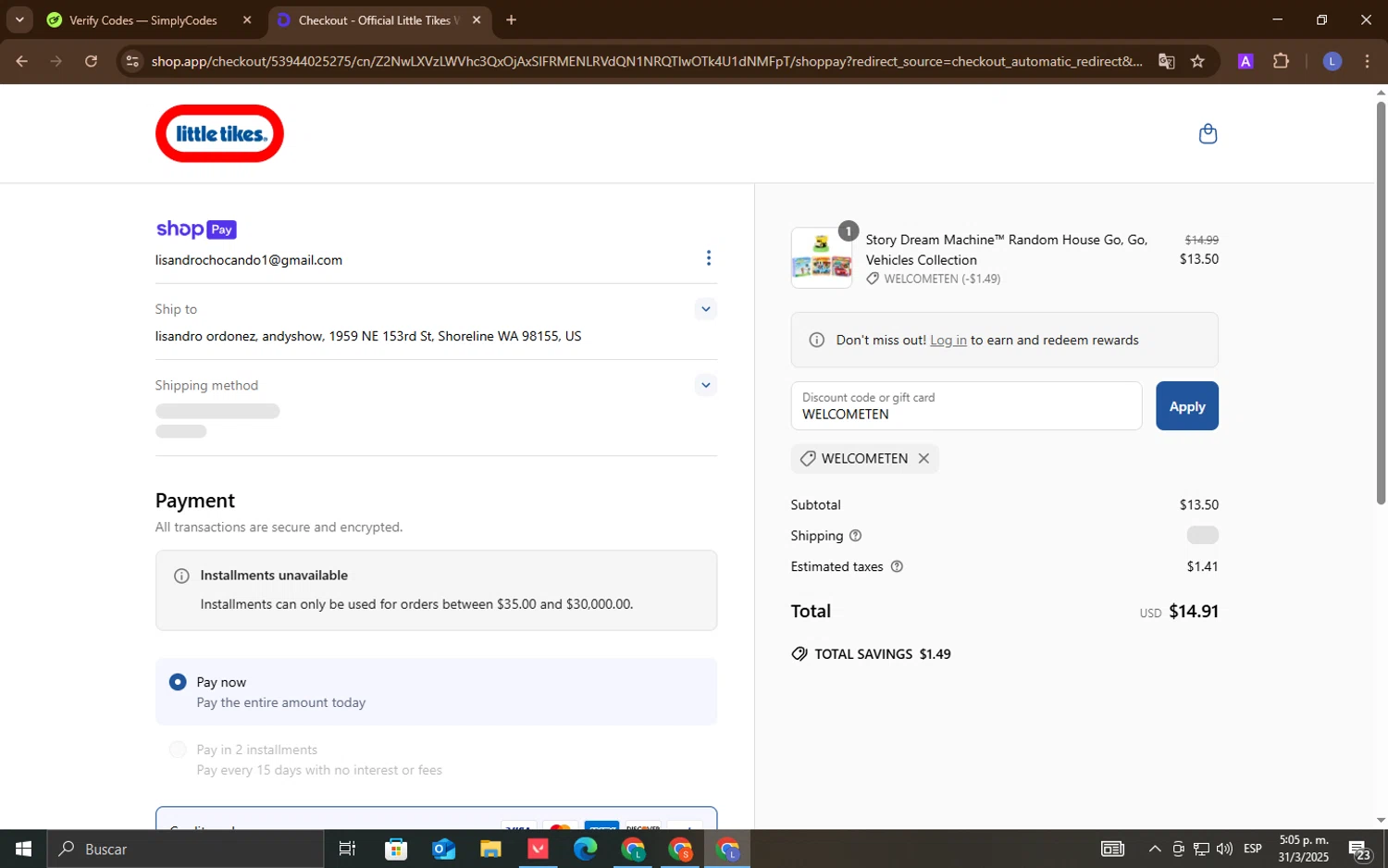 Little Tikes discount code screenshot showing code WELCOMETEN applied at Little Tikes checkout page. Uploaded by SimplyCodes community member LuckyEagle5535 on Mar 31, 2025