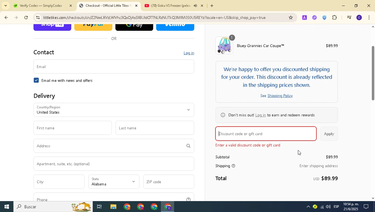 Little Tikes discount code screenshot showing code WELCOMEBACK10 applied at Little Tikes checkout page. Uploaded by SimplyCodes community member alexanderarnold on Jun 22, 2025