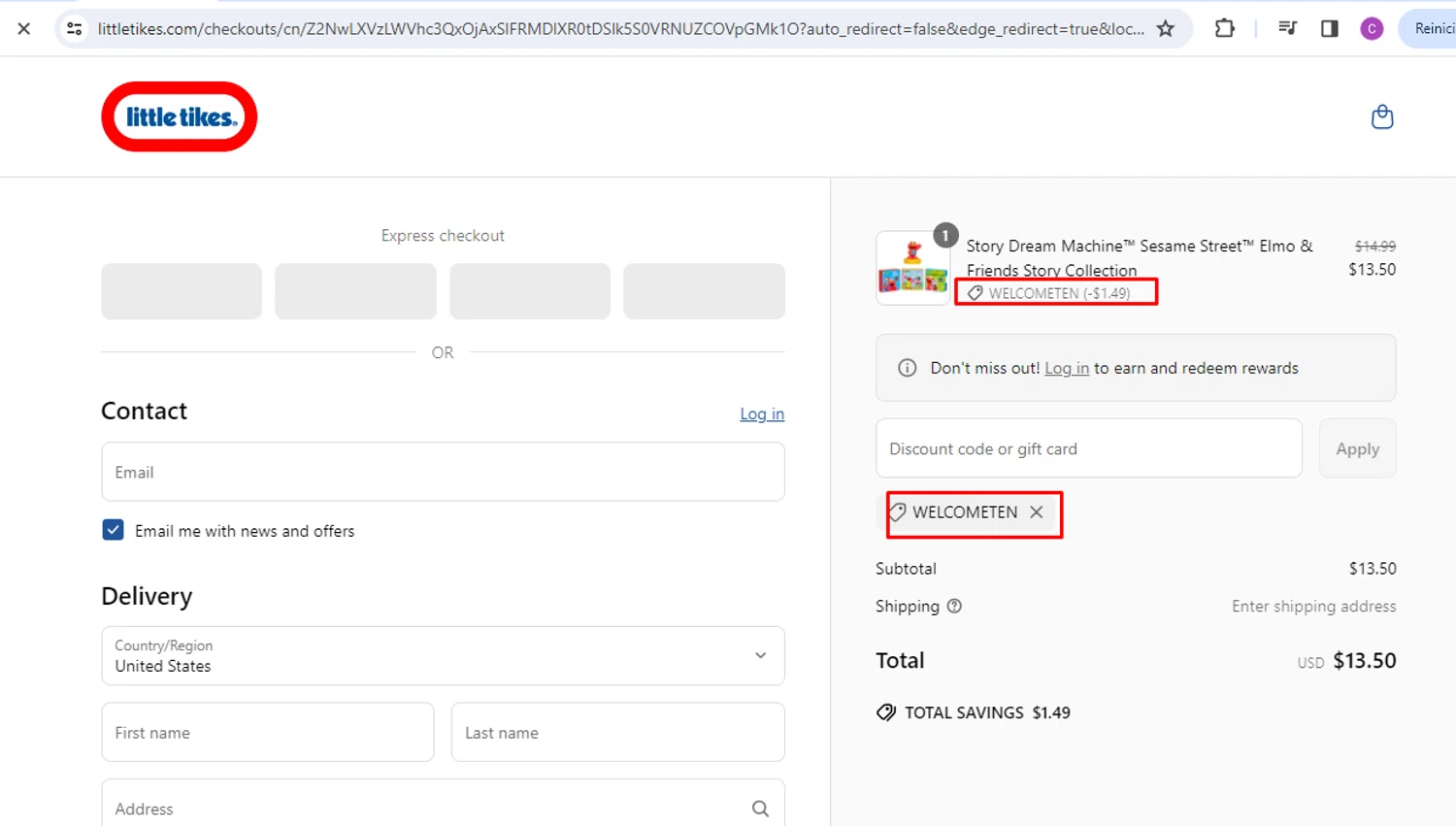 Little Tikes discount code screenshot showing code WELCOMETEN applied at Little Tikes checkout page. Uploaded by SimplyCodes community member nileskamarcano on Mar 31, 2025