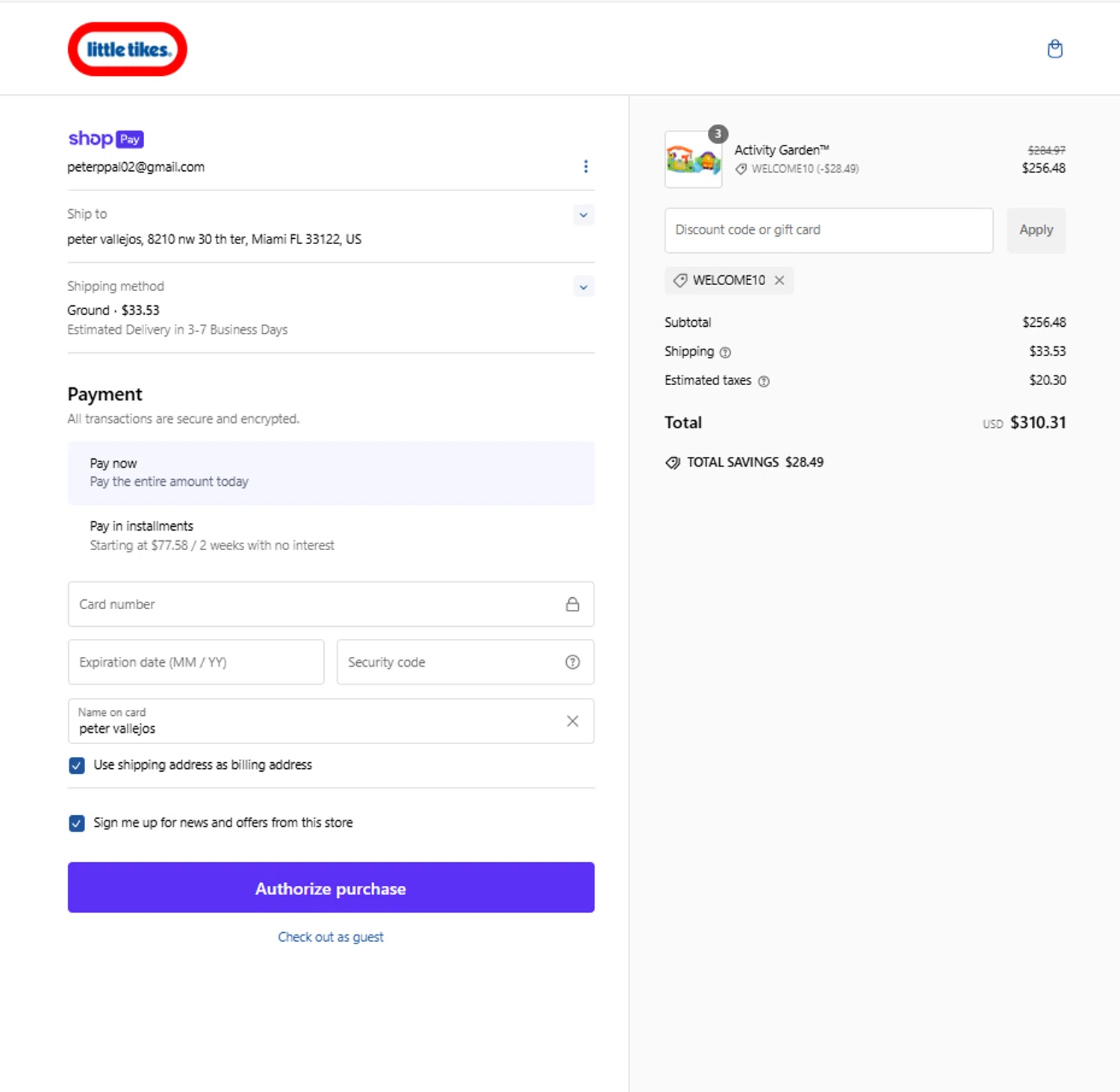 Little Tikes discount code screenshot showing code WELCOME5 applied at Little Tikes checkout page. Uploaded by SimplyCodes community member ricardoramirez1 on Jan 12, 2025