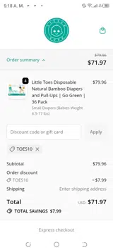 TOES10 coupon verification screenshot