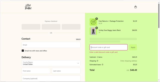 Little Trouble checkout page showing Little Trouble discount code box | Screenshot taken by SimplyCodes community member on Sep 8, 2025
