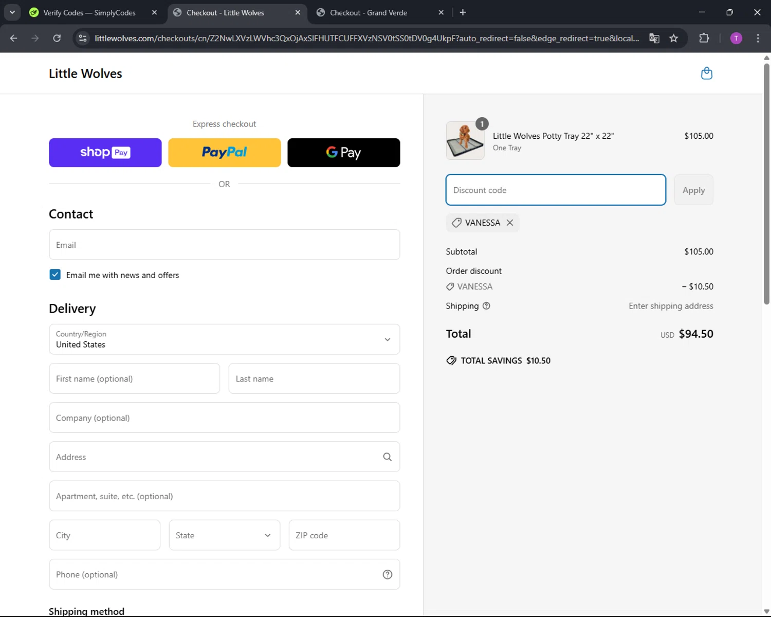 Little Wolves promo code screenshot showing code VANESSA applied at Little Wolves checkout page. Uploaded by SimplyCodes community member CleverFinder9623 on Mar 29, 2025