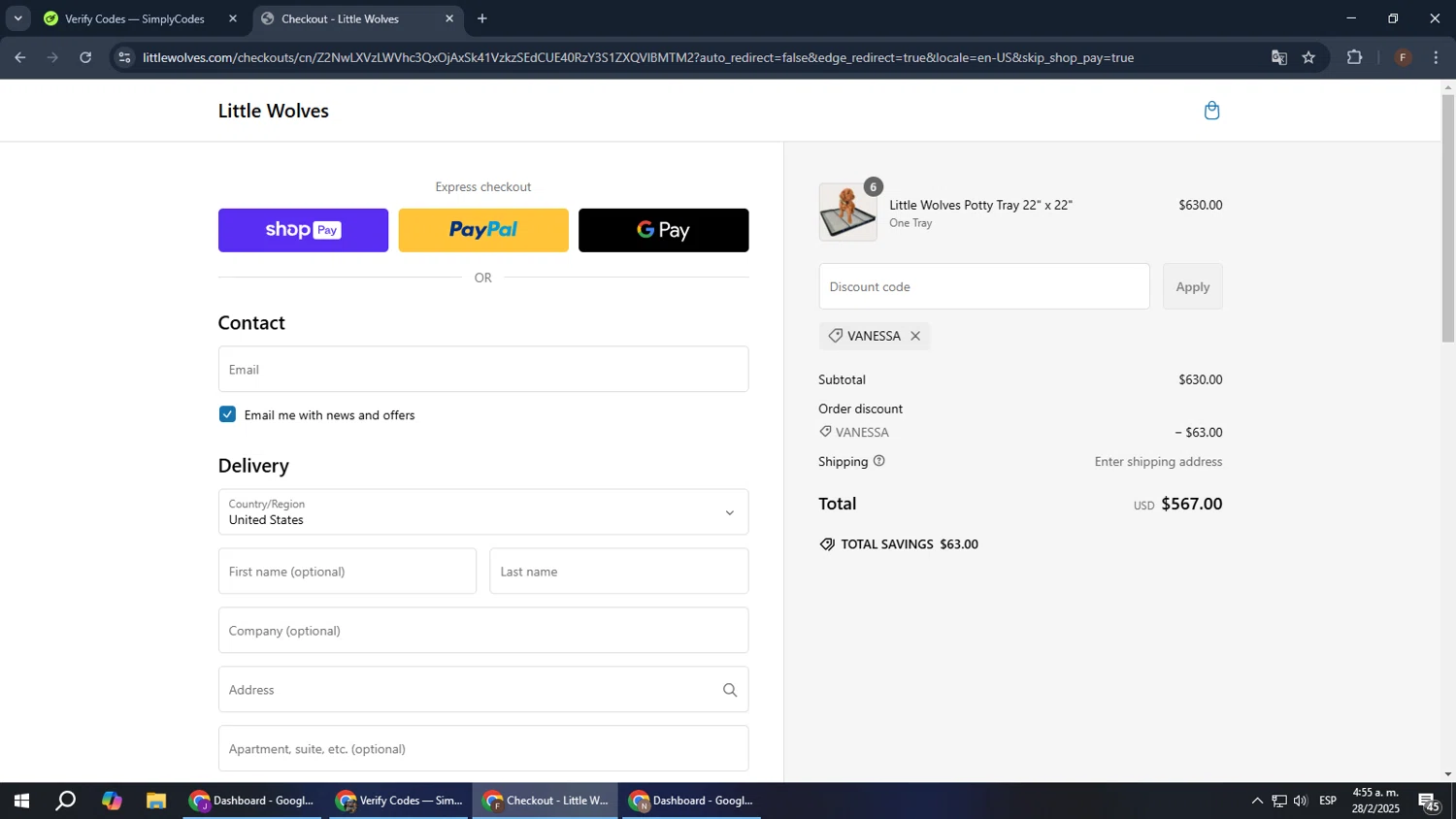 Little Wolves promo code screenshot showing code VANESSA applied at Little Wolves checkout page. Uploaded by SimplyCodes community member ExtraordinaryHunter3076 on Feb 28, 2025