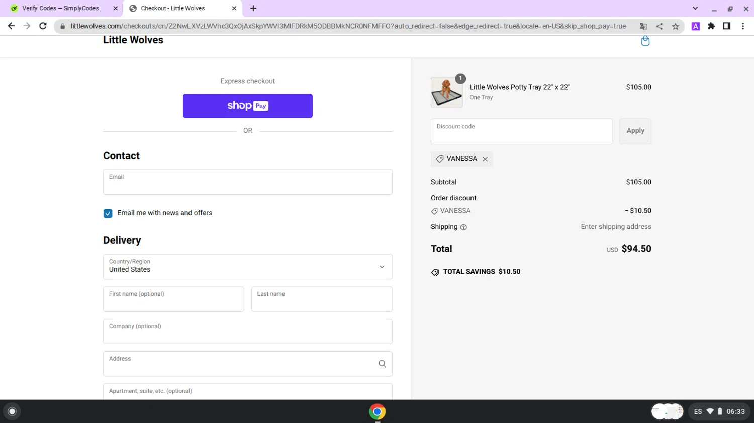 Little Wolves promo code screenshot showing code VANESSA applied at Little Wolves checkout page. Uploaded by SimplyCodes community member lapampita on Jan 31, 2025