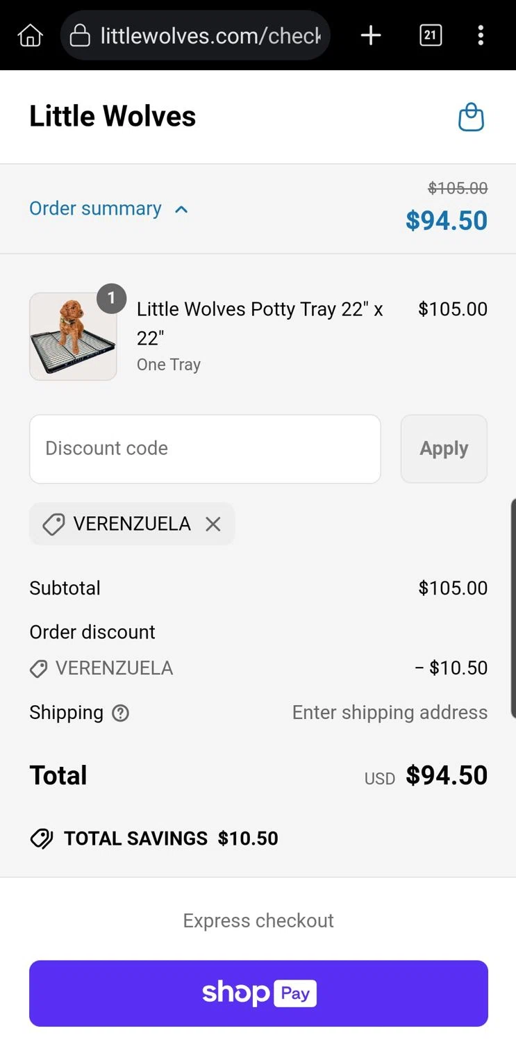 Little Wolves promo code screenshot showing code VERENZUELA applied at Little Wolves checkout page. Uploaded by SimplyCodes community member Carloslvz on Mar 29, 2025
